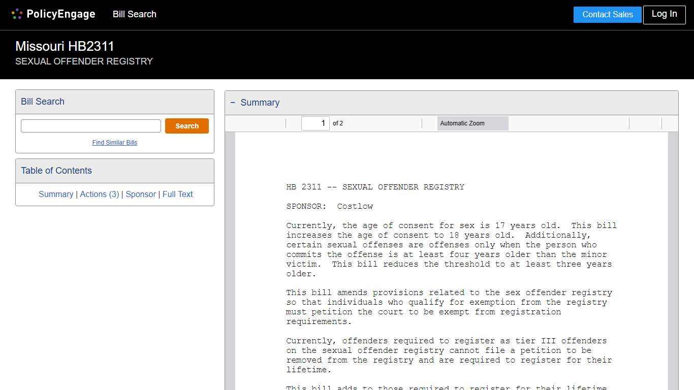 HB2311 Missouri 2026 SEXUAL OFFENDER REGISTRY - Legislative Tracking PolicyEngage