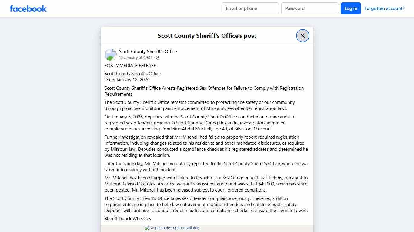 FOR IMMEDIATE RELEASE... - Scott County Sheriff's Office Facebook