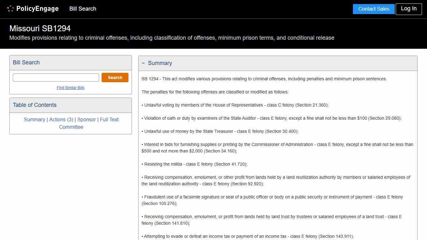 SB1294 Missouri 2026 Modifies provisions relating to criminal offenses, including classification of offenses, minimum prison terms, and conditional release - Legislative Tracking PolicyEngage