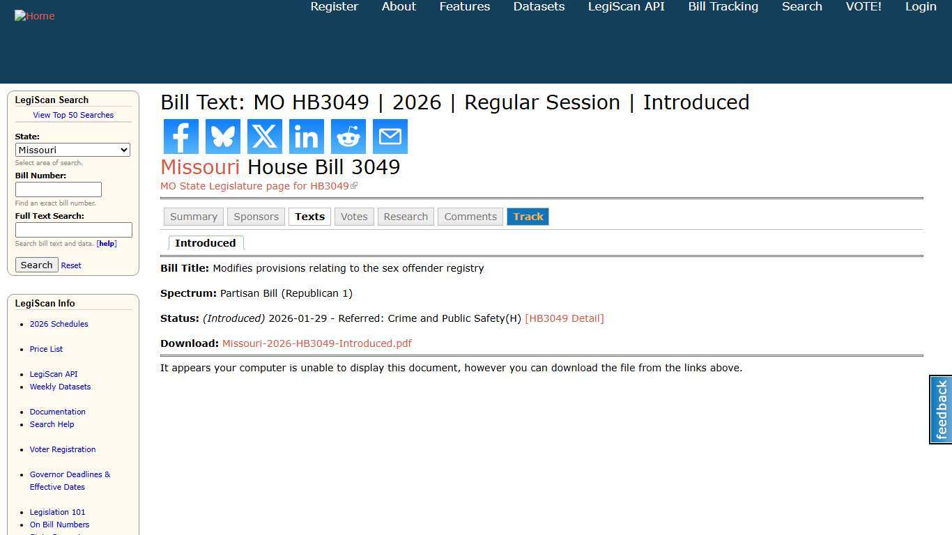Bill Text: MO HB3049 2026 Regular Session Introduced LegiScan
